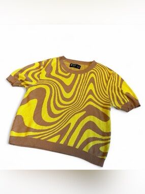 70s Retro Swirl Crew Neck Knit Pullover Sweater Abstract Yellow, Fitted M